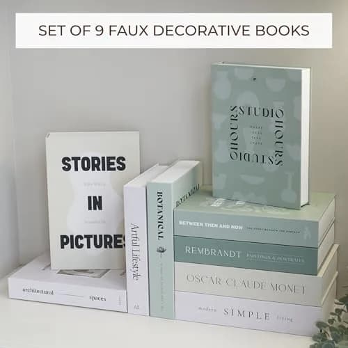 ZICOTO Decorative Faux Books Set of 9 | 24.1 cm (9.5") x 16.5 cm (6.5") x 5.1 cm (2") | Modern Sage & Beige Aesthetic Home Decor thumbnail 3