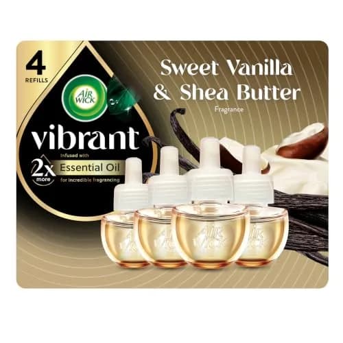 Air Wick Vibrant Plug In Scented Oil Refills Sweet Vanilla & Shea Butter 2.69ml (0.67 Fl Oz) 4-Pack | Infused with 2x More Essential Oils thumbnail 1