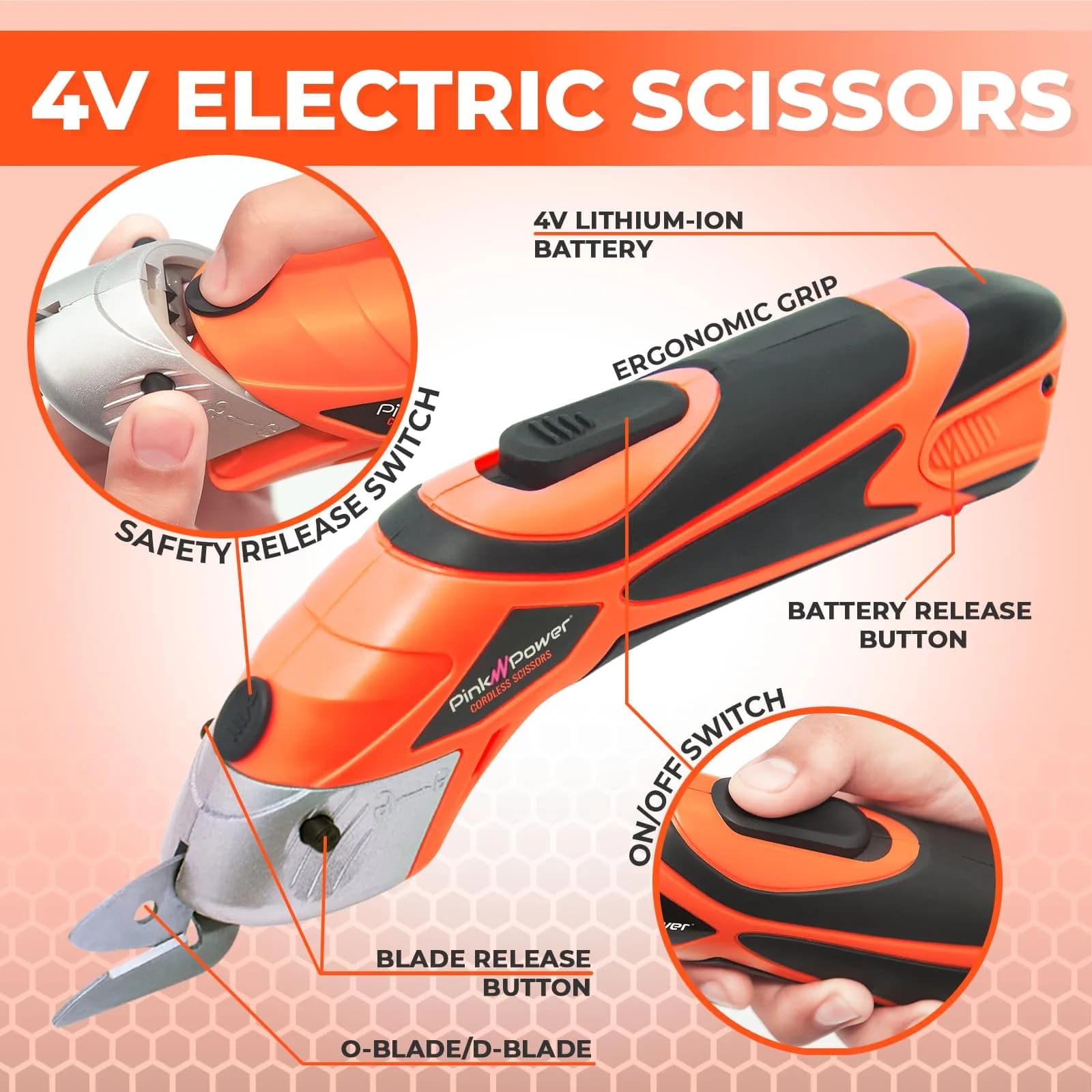 Pink Power HG2043 Electric Fabric Scissors 3.6V | Cordless Cutting Tool with 2 Blades & Charger (Orange) - view 2