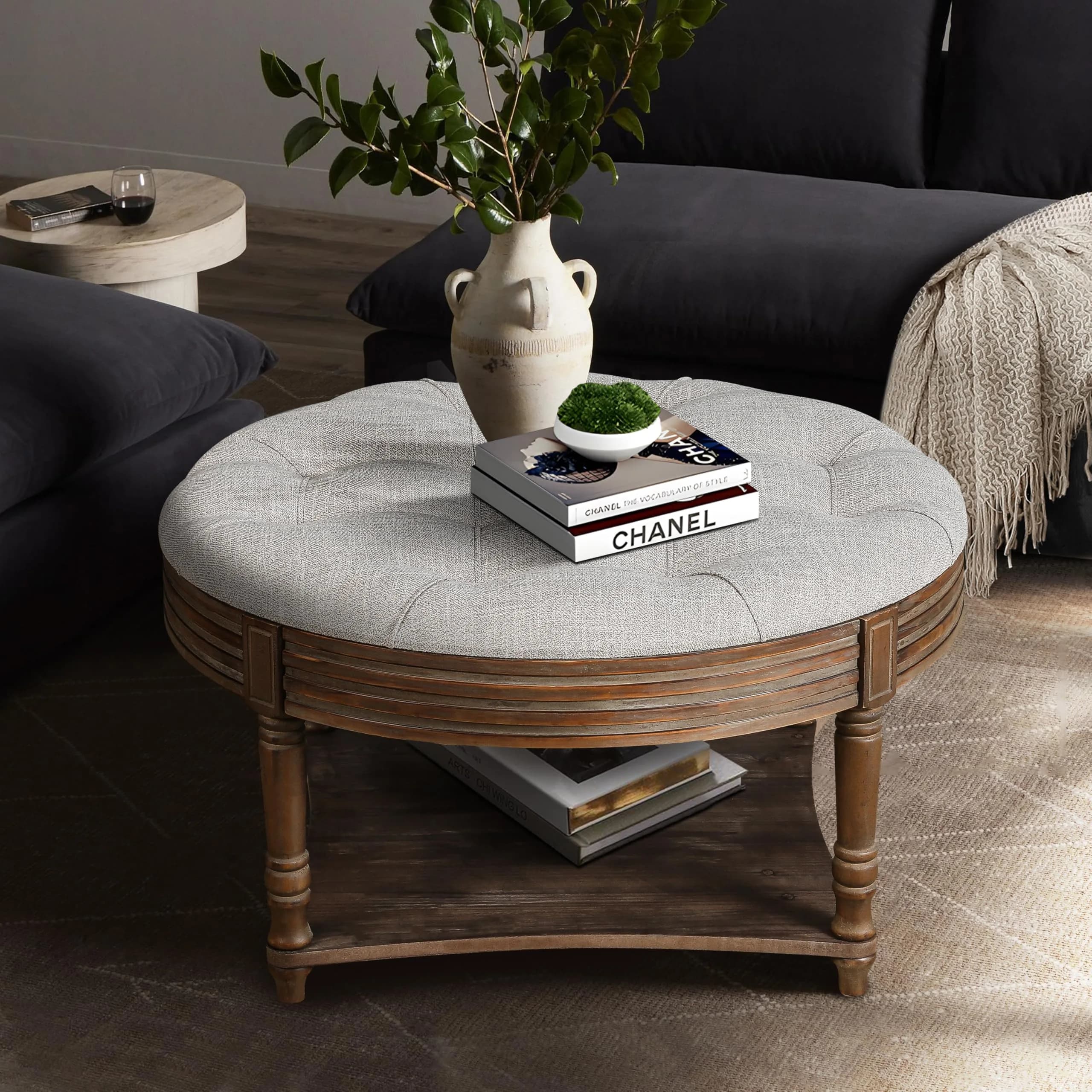 Noble House Huza Round Ottoman Coffee Table 31.5"D x 31.5"W x 18.5"H | Farmhouse Linen Fabric — Light Gray