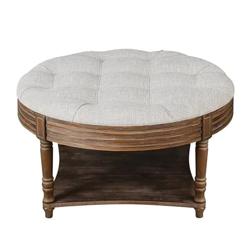 Noble House Huza Round Ottoman Coffee Table 31.5"D x 31.5"W x 18.5"H | Farmhouse Linen Fabric thumbnail 4