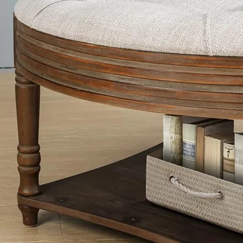 Noble House Huza Round Ottoman Coffee Table 31.5"D x 31.5"W x 18.5"H | Farmhouse Linen Fabric thumbnail 5