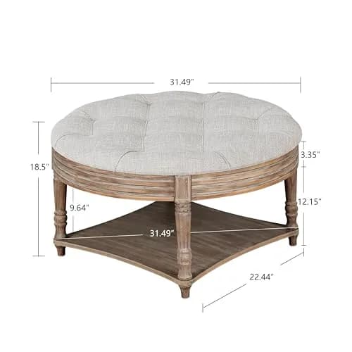 Noble House Huza Round Ottoman Coffee Table 31.5"D x 31.5"W x 18.5"H | Farmhouse Linen Fabric thumbnail 2