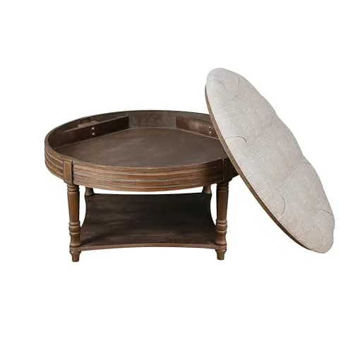 Noble House Huza Round Ottoman Coffee Table 31.5"D x 31.5"W x 18.5"H | Farmhouse Linen Fabric thumbnail 3