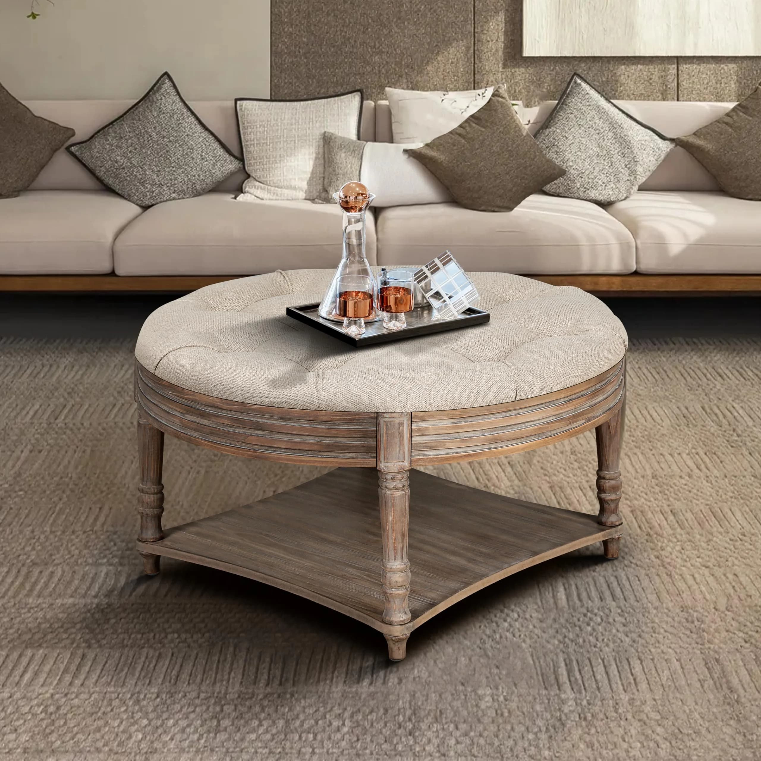 Noble House Home Furnishings Huza Round Ottoman Coffee Table, 2 Tier Button Tufted, 31.5"D x 31.5"W x 18.5"H, Farmhouse Linen Fabric