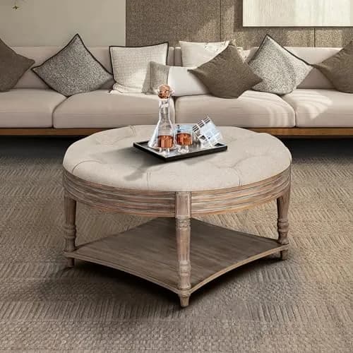 Noble House Home Furnishings Huza Round Ottoman Coffee Table, 2 Tier Button Tufted, 31.5"D x 31.5"W x 18.5"H, Farmhouse Linen Fabric thumbnail 1