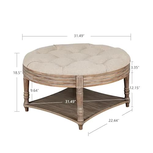 Noble House Home Furnishings Huza Round Ottoman Coffee Table, 2 Tier Button Tufted, 31.5"D x 31.5"W x 18.5"H, Farmhouse Linen Fabric thumbnail 4