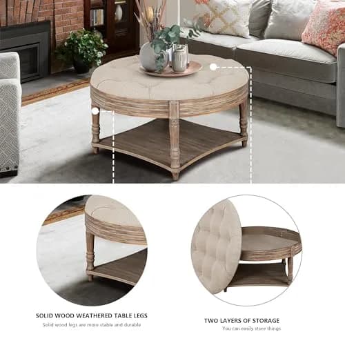 Noble House Home Furnishings Huza Round Ottoman Coffee Table, 2 Tier Button Tufted, 31.5"D x 31.5"W x 18.5"H, Farmhouse Linen Fabric thumbnail 5