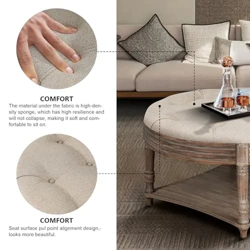 Noble House Home Furnishings Huza Round Ottoman Coffee Table, 2 Tier Button Tufted, 31.5"D x 31.5"W x 18.5"H, Farmhouse Linen Fabric thumbnail 6
