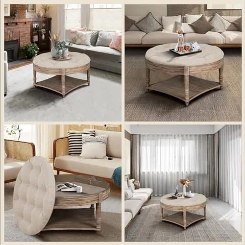 Noble House Home Furnishings Huza Round Ottoman Coffee Table, 2 Tier Button Tufted, 31.5"D x 31.5"W x 18.5"H, Farmhouse Linen Fabric thumbnail 7