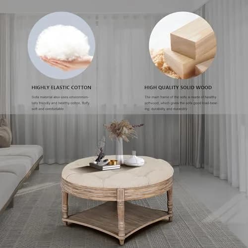 Noble House Home Furnishings Huza Round Ottoman Coffee Table, 2 Tier Button Tufted, 31.5"D x 31.5"W x 18.5"H, Farmhouse Linen Fabric thumbnail 8