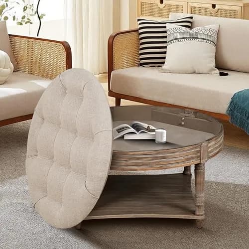 Noble House Home Furnishings Huza Round Ottoman Coffee Table, 2 Tier Button Tufted, 31.5"D x 31.5"W x 18.5"H, Farmhouse Linen Fabric thumbnail 2