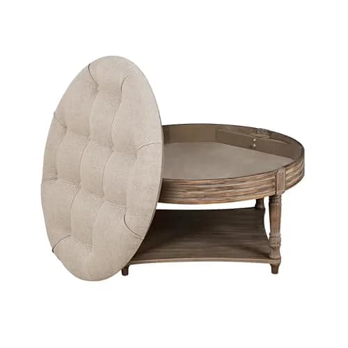 Noble House Home Furnishings Huza Round Ottoman Coffee Table, 2 Tier Button Tufted, 31.5"D x 31.5"W x 18.5"H, Farmhouse Linen Fabric thumbnail 3