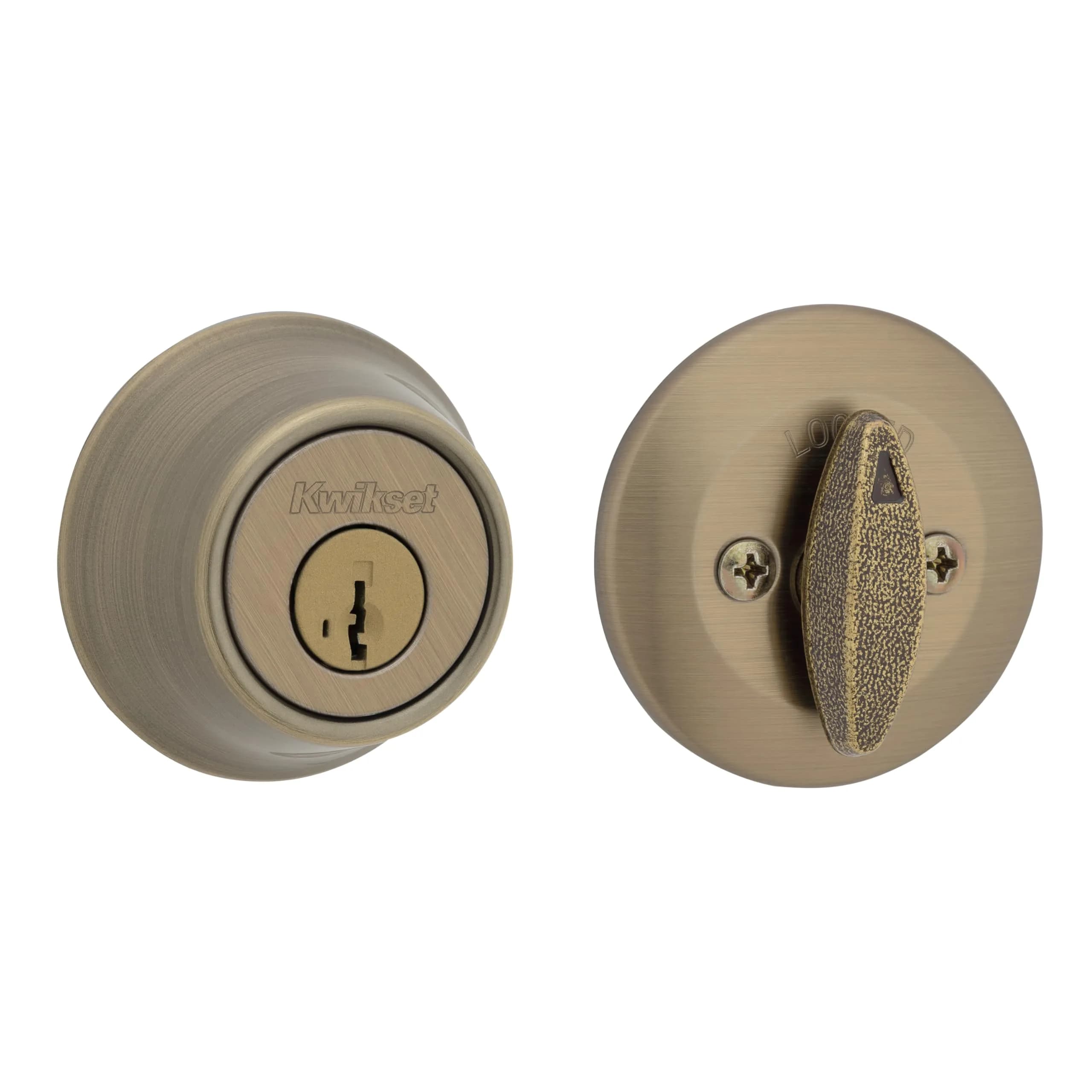 Kwikset 660 Single Cylinder Deadbolt, Antique Brass Round Exterior Keyed Entry - main product image