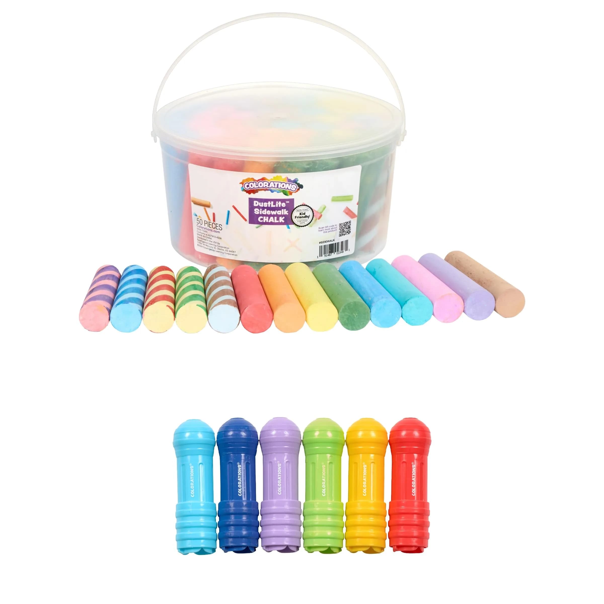 Colorations Dust-Lite Washable Sidewalk Chalk 50 Pieces + Jumbo Chalk Holder Set of 6 | Outdoor Art Kit for Kids, Washable Chalk with Grip Holders, Sidewalk Drawing Set - main product image