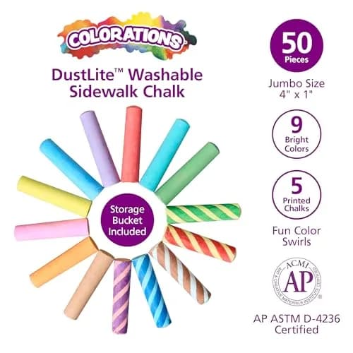 Colorations Dust-Lite Washable Sidewalk Chalk 50 Pieces + Jumbo Chalk Holder Set of 6 | Outdoor Art Kit for Kids, Washable Chalk with Grip Holders, Sidewalk Drawing Set thumbnail 2
