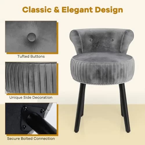 CHARMAID Velvet Vanity Chair for Bedroom, Elegant Accent Chair with Tufted Low Back, Solid Wood Legs, Upholstered Seat, Modern Makeup Stool for Dressing Room, Home Office (Gray & Black) | Tufted Velvet, 19" x 18" x 26" thumbnail 6