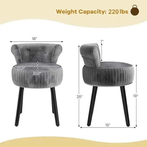 CHARMAID Velvet Vanity Chair for Bedroom, Elegant Accent Chair with Tufted Low Back, Solid Wood Legs, Upholstered Seat, Modern Makeup Stool for Dressing Room, Home Office (Gray & Black) | Tufted Velvet, 19" x 18" x 26" thumbnail 7