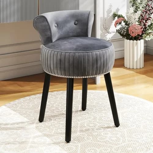CHARMAID Velvet Vanity Chair for Bedroom, Elegant Accent Chair with Tufted Low Back, Solid Wood Legs, Upholstered Seat, Modern Makeup Stool for Dressing Room, Home Office (Gray & Black) | Tufted Velvet, 19" x 18" x 26" thumbnail 8