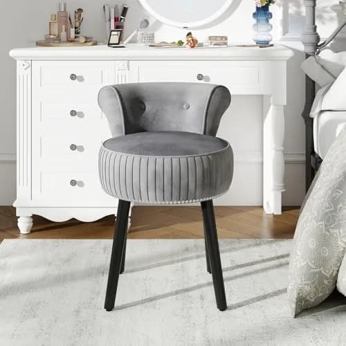 CHARMAID Velvet Vanity Chair for Bedroom, Elegant Accent Chair with Tufted Low Back, Solid Wood Legs, Upholstered Seat, Modern Makeup Stool for Dressing Room, Home Office (Gray & Black) | Tufted Velvet, 19" x 18" x 26" thumbnail 9