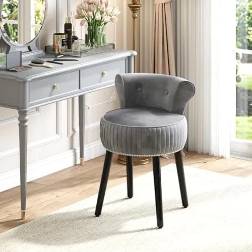 CHARMAID Velvet Vanity Chair for Bedroom, Elegant Accent Chair with Tufted Low Back, Solid Wood Legs, Upholstered Seat, Modern Makeup Stool for Dressing Room, Home Office (Gray & Black) | Tufted Velvet, 19" x 18" x 26" thumbnail 2