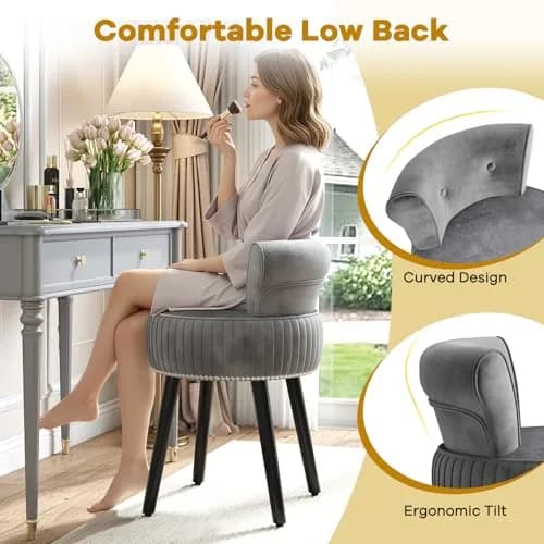 CHARMAID Velvet Vanity Chair for Bedroom, Elegant Accent Chair with Tufted Low Back, Solid Wood Legs, Upholstered Seat, Modern Makeup Stool for Dressing Room, Home Office (Gray & Black) | Tufted Velvet, 19" x 18" x 26" thumbnail 3