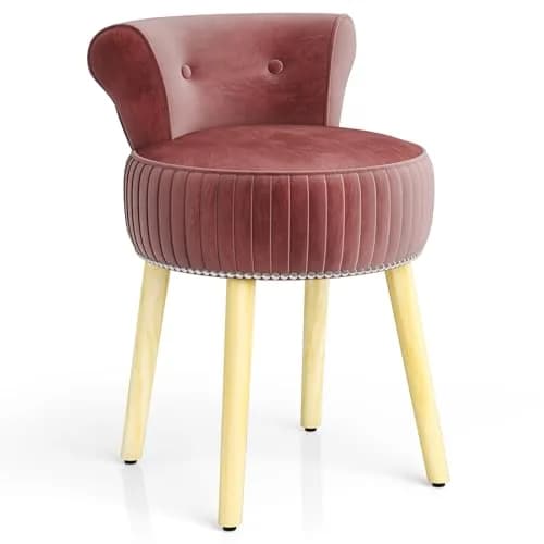 CHARMAID Velvet Vanity Chair for Bedroom, Elegant Accent Chair with Tufted Low Back, Solid Wood Legs, Upholstered Seat, Modern Makeup Stool for Dressing Room, Home Office (Burgundy & Natural) | Stylish & Durable thumbnail 1