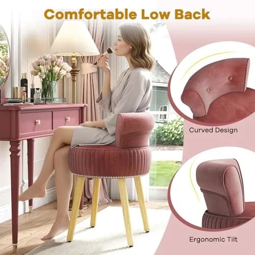 CHARMAID Velvet Vanity Chair for Bedroom, Elegant Accent Chair with Tufted Low Back, Solid Wood Legs, Upholstered Seat, Modern Makeup Stool for Dressing Room, Home Office (Burgundy & Natural) | Stylish & Durable thumbnail 4