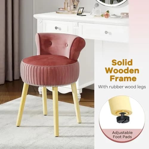 CHARMAID Velvet Vanity Chair for Bedroom, Elegant Accent Chair with Tufted Low Back, Solid Wood Legs, Upholstered Seat, Modern Makeup Stool for Dressing Room, Home Office (Burgundy & Natural) | Stylish & Durable thumbnail 6
