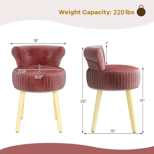 CHARMAID Velvet Vanity Chair for Bedroom, Elegant Accent Chair with Tufted Low Back, Solid Wood Legs, Upholstered Seat, Modern Makeup Stool for Dressing Room, Home Office (Burgundy & Natural) | Stylish & Durable thumbnail 7