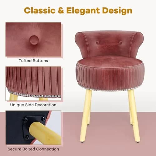 CHARMAID Velvet Vanity Chair for Bedroom, Elegant Accent Chair with Tufted Low Back, Solid Wood Legs, Upholstered Seat, Modern Makeup Stool for Dressing Room, Home Office (Burgundy & Natural) | Stylish & Durable thumbnail 8