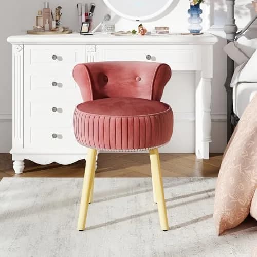 CHARMAID Velvet Vanity Chair for Bedroom, Elegant Accent Chair with Tufted Low Back, Solid Wood Legs, Upholstered Seat, Modern Makeup Stool for Dressing Room, Home Office (Burgundy & Natural) | Stylish & Durable thumbnail 9
