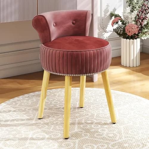 CHARMAID Velvet Vanity Chair for Bedroom, Elegant Accent Chair with Tufted Low Back, Solid Wood Legs, Upholstered Seat, Modern Makeup Stool for Dressing Room, Home Office (Burgundy & Natural) | Stylish & Durable thumbnail 2