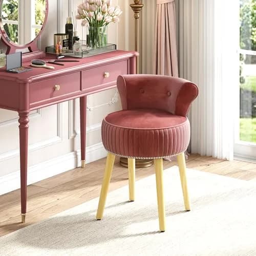CHARMAID Velvet Vanity Chair for Bedroom, Elegant Accent Chair with Tufted Low Back, Solid Wood Legs, Upholstered Seat, Modern Makeup Stool for Dressing Room, Home Office (Burgundy & Natural) | Stylish & Durable thumbnail 3
