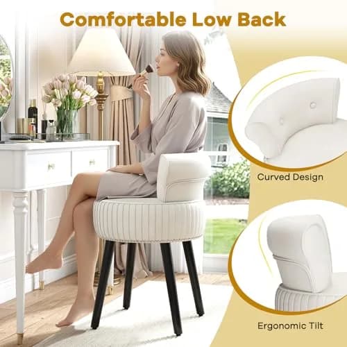 CHARMAID Velvet Vanity Chair for Bedroom, Elegant Accent Chair with Tufted Low Back, Solid Wood Legs, Upholstered Seat, Modern Makeup Stool for Dressing Room, Home Office (Beige & Black) | Tufted Velvet, 19" x 18" x 26" thumbnail 4