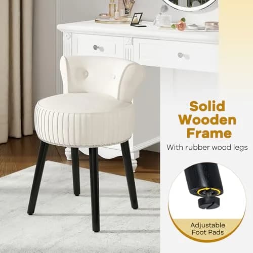 CHARMAID Velvet Vanity Chair for Bedroom, Elegant Accent Chair with Tufted Low Back, Solid Wood Legs, Upholstered Seat, Modern Makeup Stool for Dressing Room, Home Office (Beige & Black) | Tufted Velvet, 19" x 18" x 26" thumbnail 5