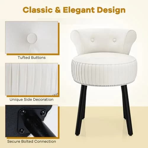 CHARMAID Velvet Vanity Chair for Bedroom, Elegant Accent Chair with Tufted Low Back, Solid Wood Legs, Upholstered Seat, Modern Makeup Stool for Dressing Room, Home Office (Beige & Black) | Tufted Velvet, 19" x 18" x 26" thumbnail 8