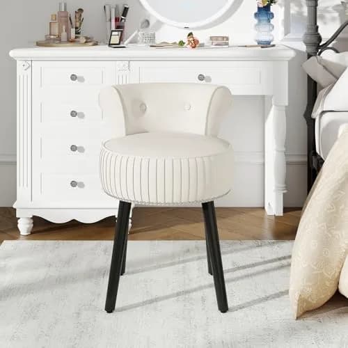 CHARMAID Velvet Vanity Chair for Bedroom, Elegant Accent Chair with Tufted Low Back, Solid Wood Legs, Upholstered Seat, Modern Makeup Stool for Dressing Room, Home Office (Beige & Black) | Tufted Velvet, 19" x 18" x 26" thumbnail 9