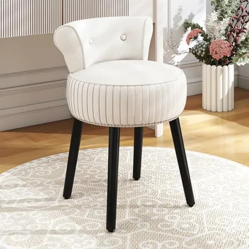 CHARMAID Velvet Vanity Chair for Bedroom, Elegant Accent Chair with Tufted Low Back, Solid Wood Legs, Upholstered Seat, Modern Makeup Stool for Dressing Room, Home Office (Beige & Black) | Tufted Velvet, 19" x 18" x 26" thumbnail 2