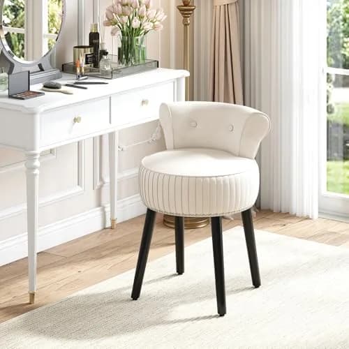 CHARMAID Velvet Vanity Chair for Bedroom, Elegant Accent Chair with Tufted Low Back, Solid Wood Legs, Upholstered Seat, Modern Makeup Stool for Dressing Room, Home Office (Beige & Black) | Tufted Velvet, 19" x 18" x 26" thumbnail 3