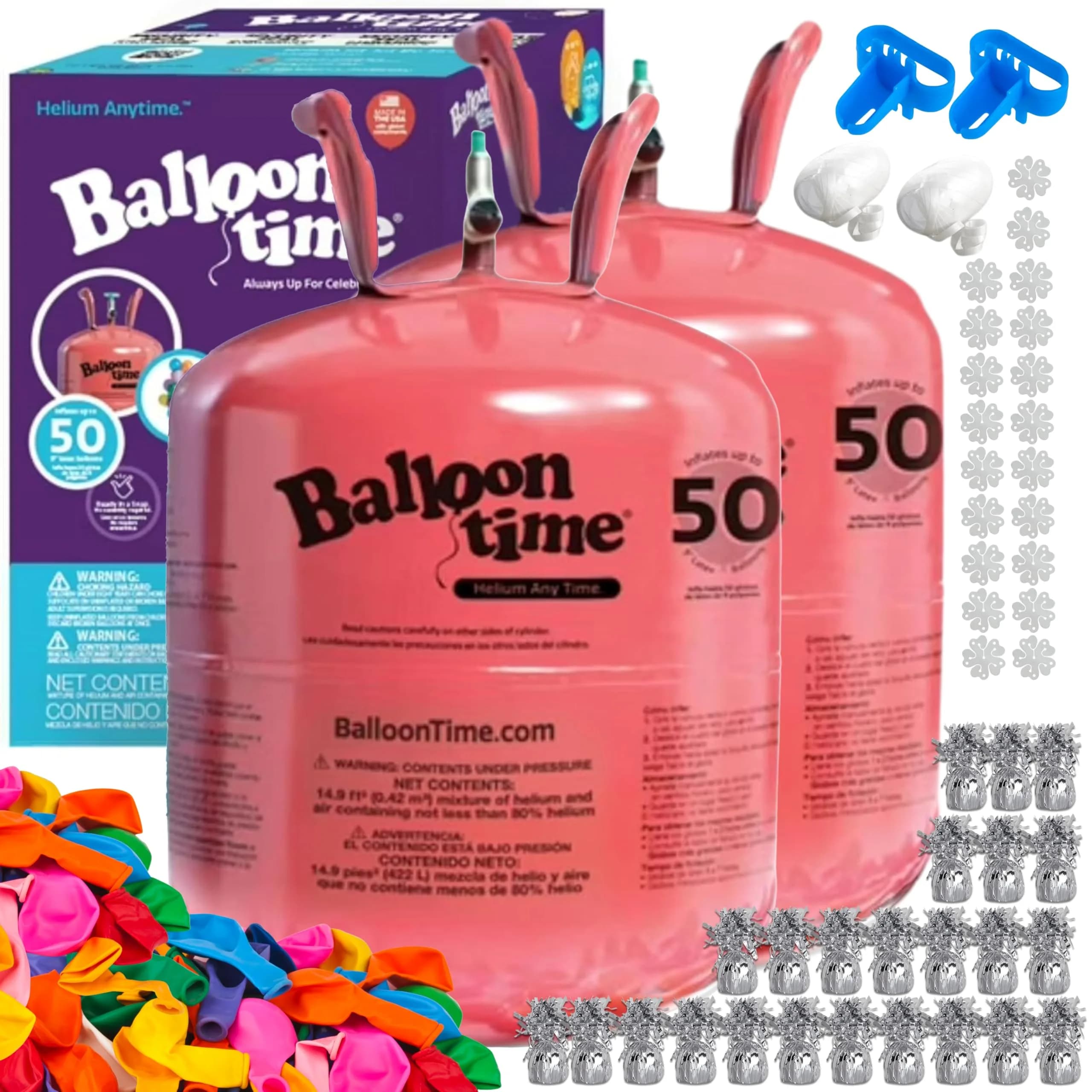 BLUE RIBBON Helium Tank for Balloons At Home Silver Kit | 2 x 14.9 cu ft Tanks, 100 Balloons, Ribbon, Weights, Tie Tools