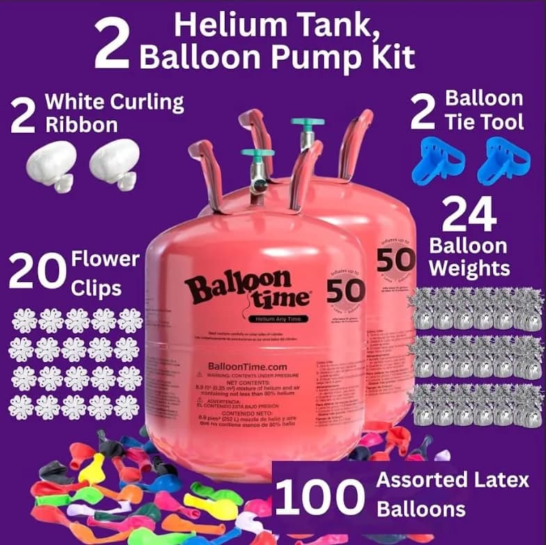 BLUE RIBBON Helium Tank for Balloons At Home Silver Kit | 2 x 14.9 cu ft Tanks, 100 Balloons, Ribbon, Weights, Tie Tools - view 2