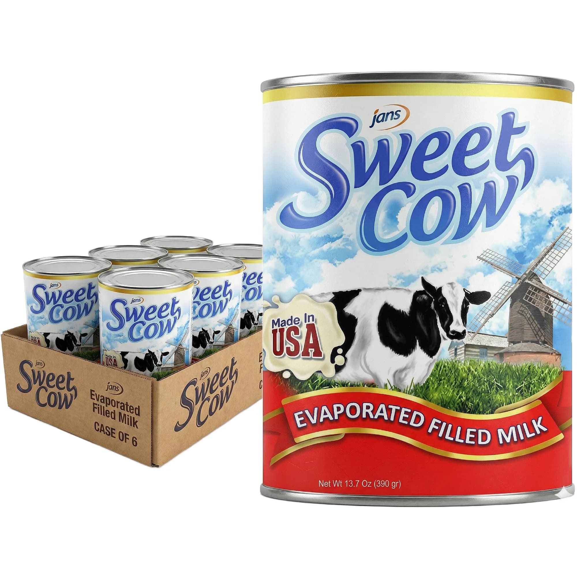 Jans Sweet Cow Evaporated Milk, 13.7 oz (388 ml) Pack of 6 | Unsweetened Cooking Milk for Rich Desserts & Savory Dishes — Pack of 6