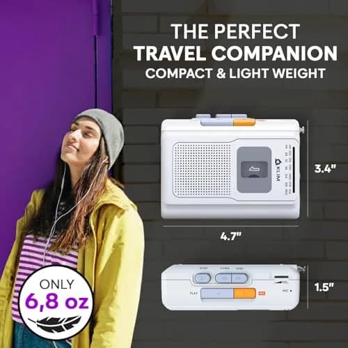 KLIM K8 Cassette Player Portable Recorder with AM FM Radio & Built-in Speaker, White | Playback & Recording, AM/FM Radio, Portability, Flexible Power Options thumbnail 7