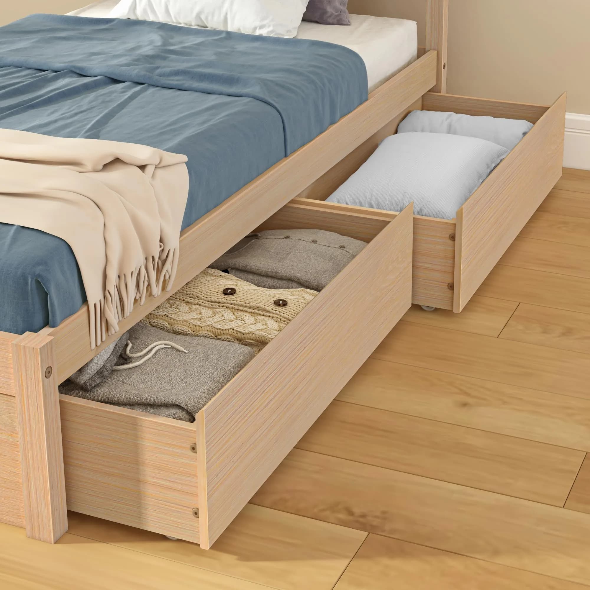 Grain & Grove Bear Underbed Bed Storage Drawers (2 Pack), Embossed Natural | Spacious, Durable & Easy to Assemble