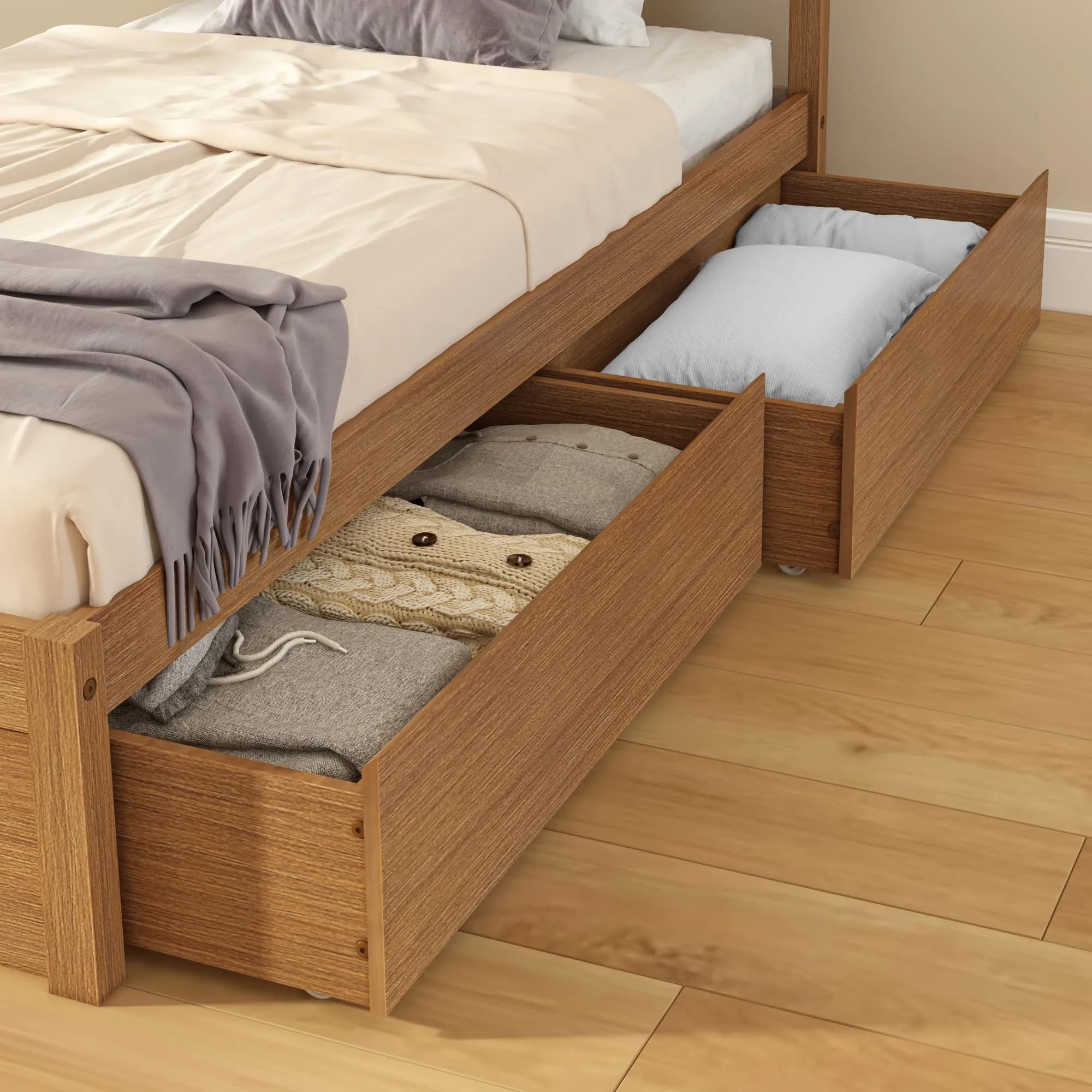 Grain & Grove Bear Underbed Bed Storage Drawers (2 Pack), Embossed Natural | Spacious, Durable & Easy to Assemble — Emnossed Pecan