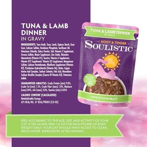 Soulistic Moist and Tender, Tuna and Lamb Dinner in Gravy, 3oz Pouch | High-Quality Cat Food with Natural Hydration thumbnail 4