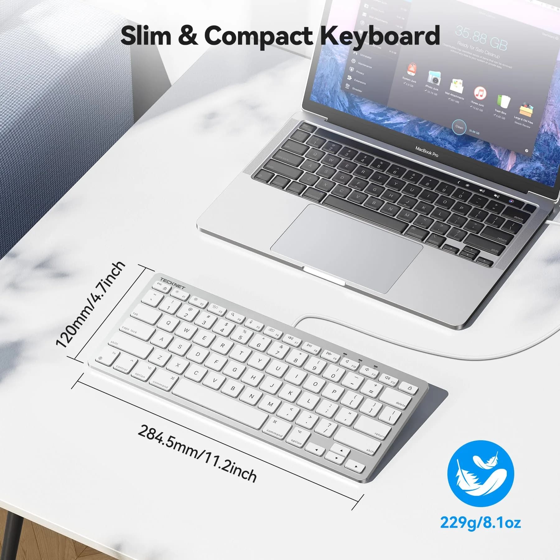 TECKNET Wired Keyboard for MacOS Devices with Dual Interface, Slim Mac Keyboard, Comfortable Ergonomic Typing Angle & Stable Connection for PC/Laptop, Compatible with MacBook, iMac, Mac mini/Pro (White, 78 Keys) - view 2