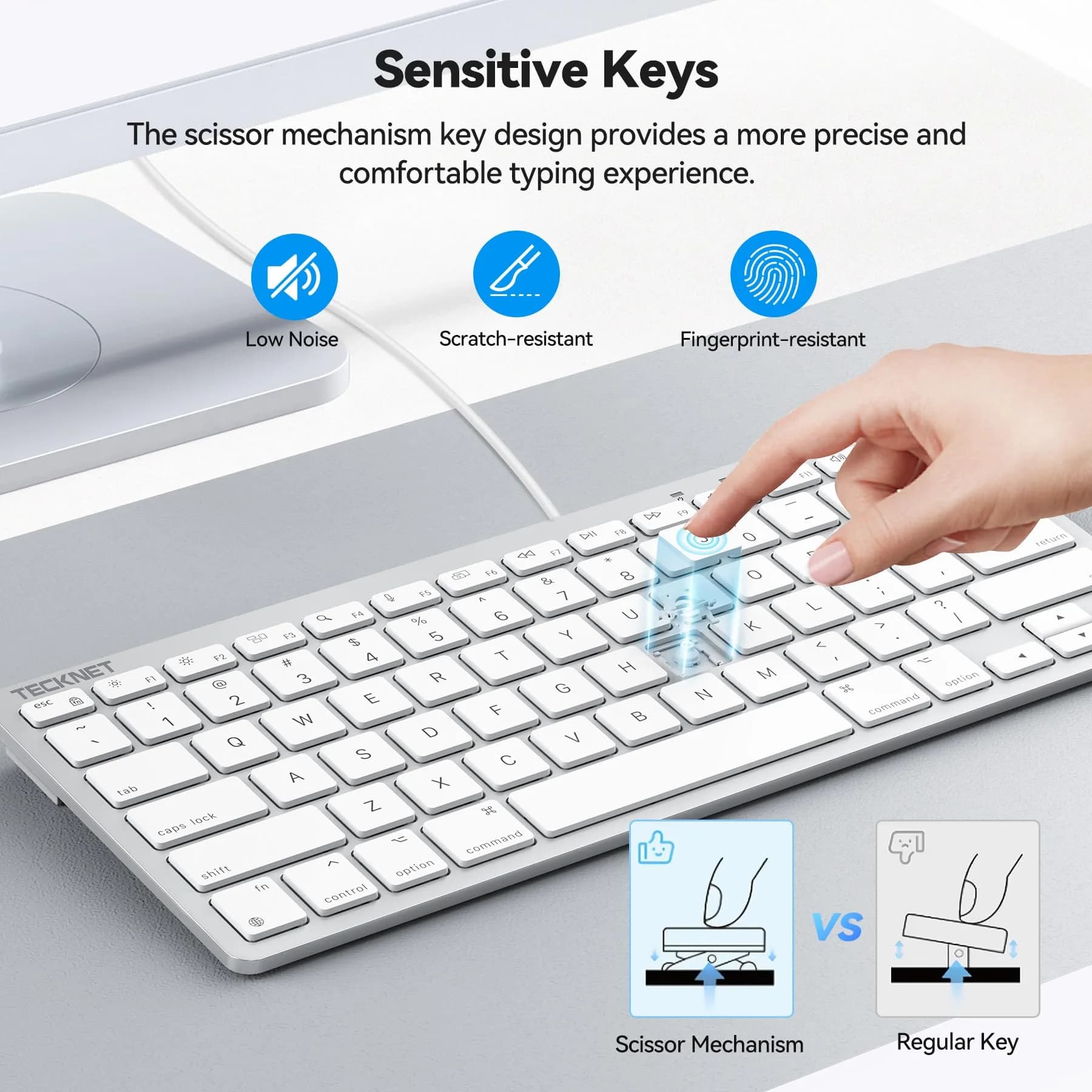 TECKNET Wired Keyboard for MacOS Devices with Dual Interface, Slim Mac Keyboard, Comfortable Ergonomic Typing Angle & Stable Connection for PC/Laptop, Compatible with MacBook, iMac, Mac mini/Pro (White, 78 Keys) - view 4