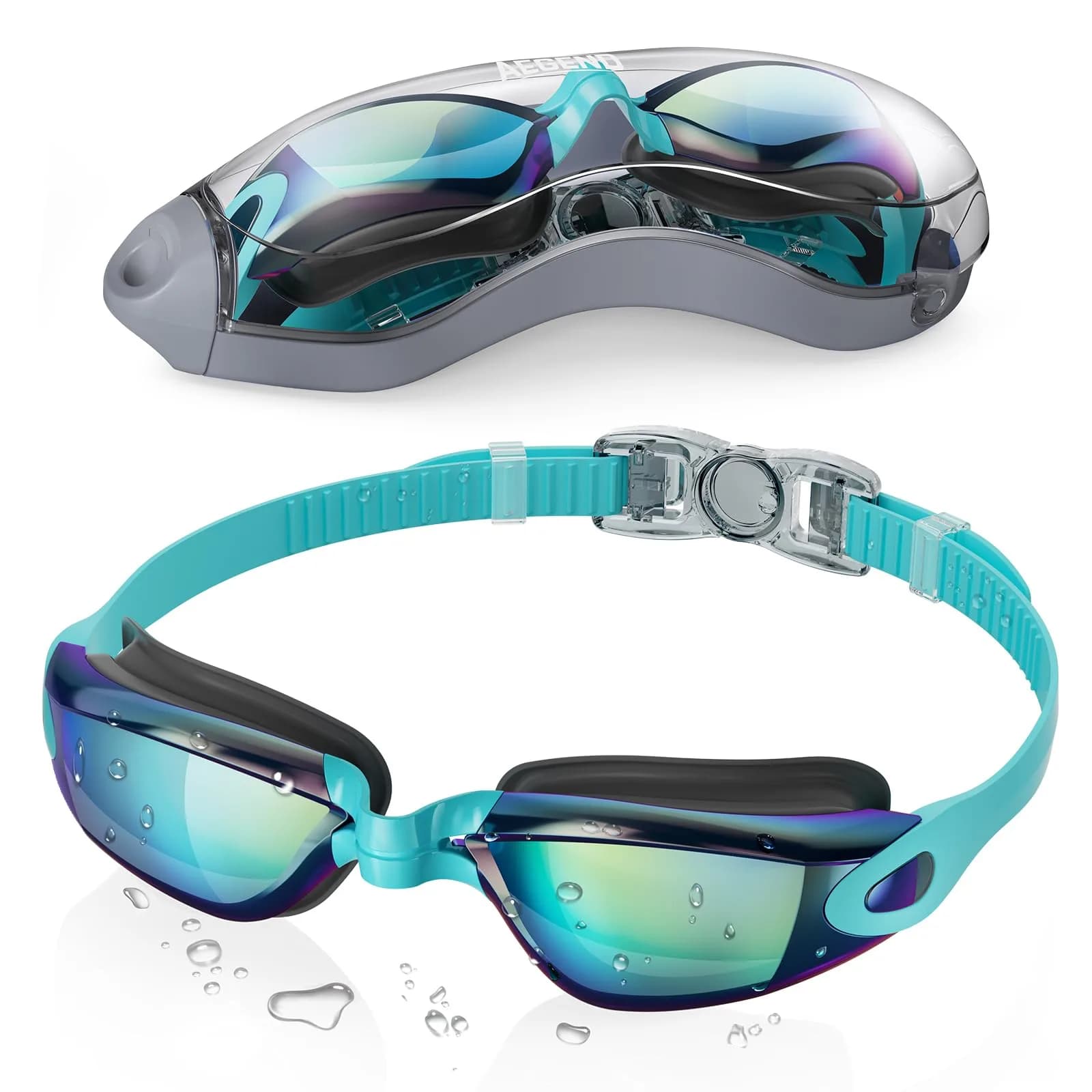 Aegend Swim Goggles, Cyan Aqua Mirrored Anti-Fog, Adult & Youth Fit | 180° Panoramic View - main product image